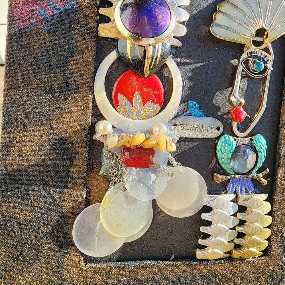 Mixed media framed vintage jewelry art collage OOAK Picasso face serenity