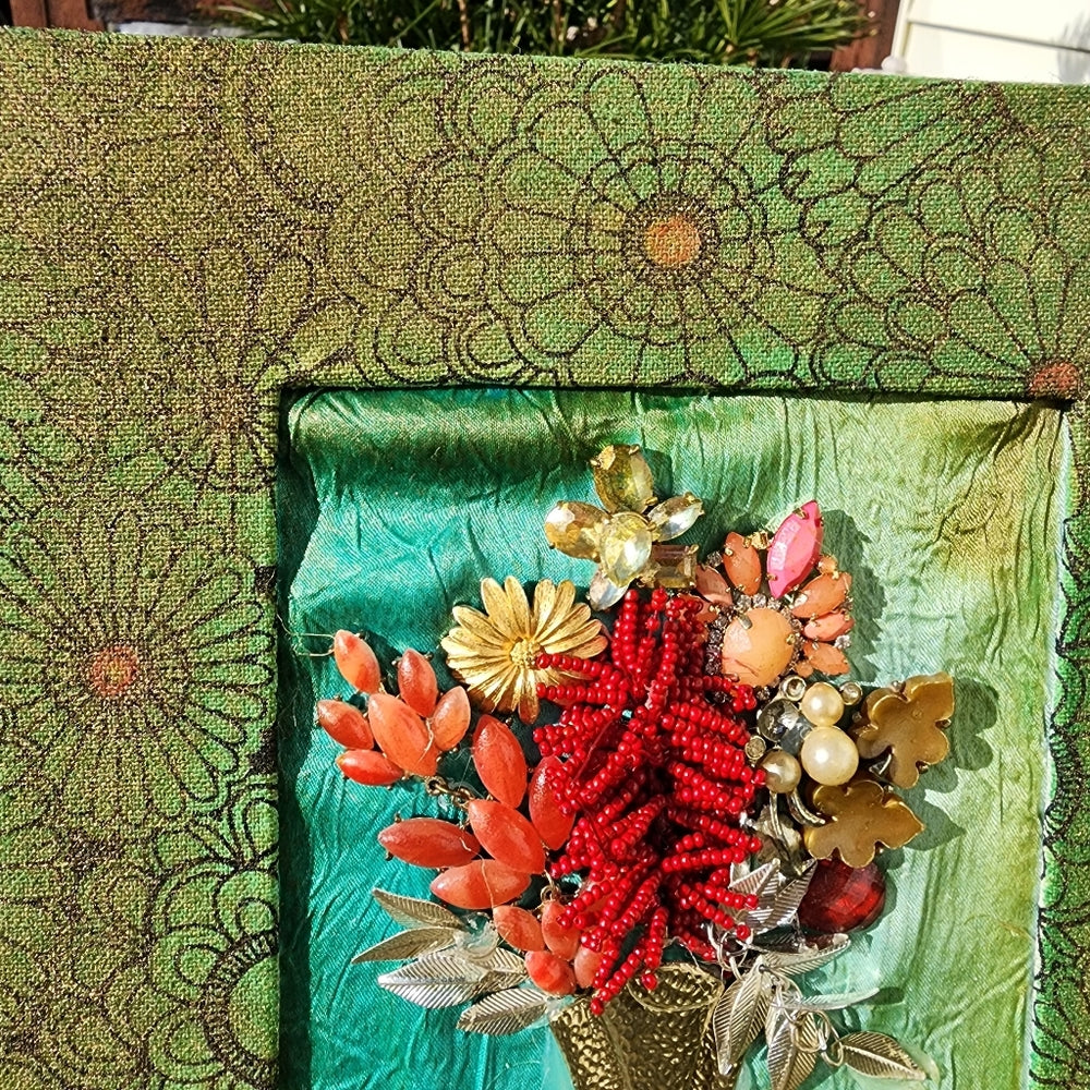 Mixed media framed jewelry art collage flowers OOAK handmade