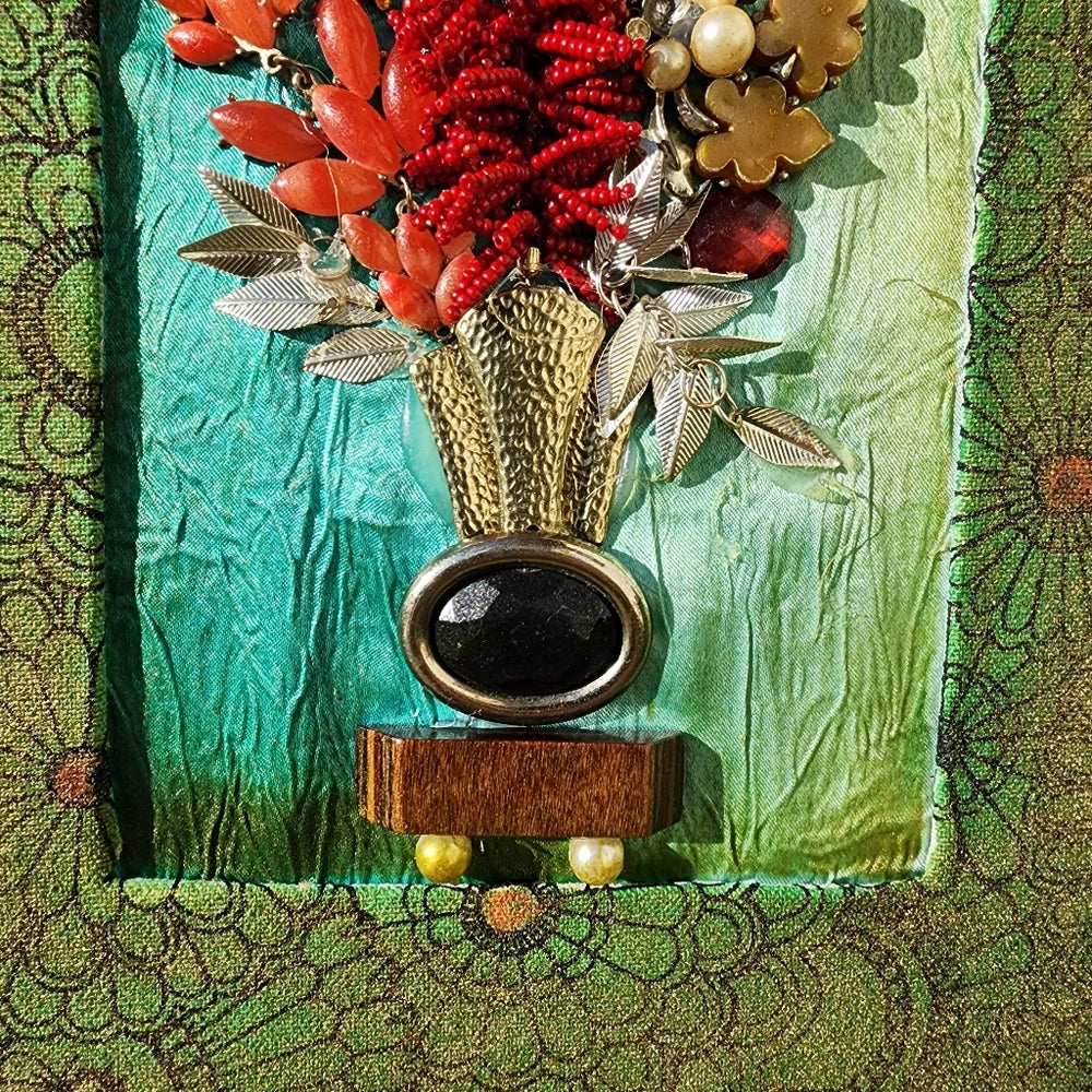 Mixed media framed jewelry art collage flowers OOAK handmade