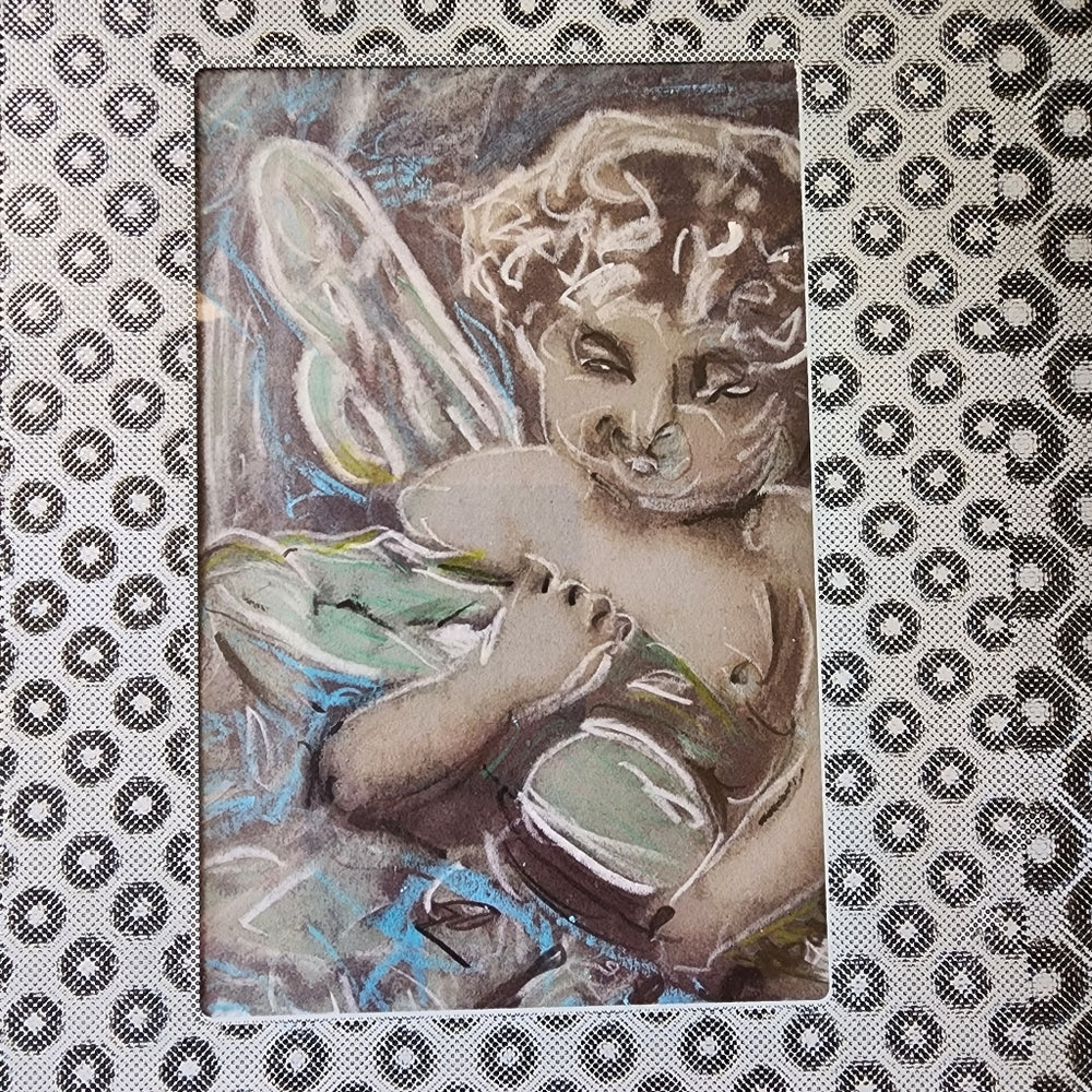 OOAK mixed media handmade art cherub Angel holographic frame