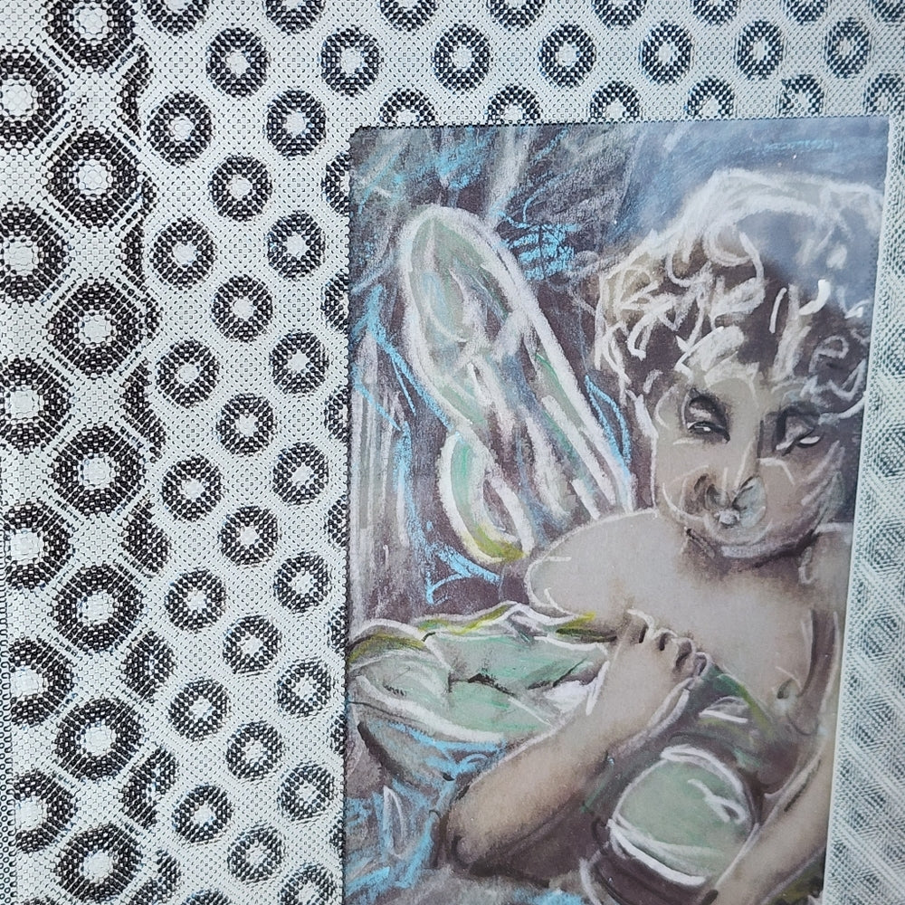 OOAK mixed media handmade art cherub Angel holographic frame