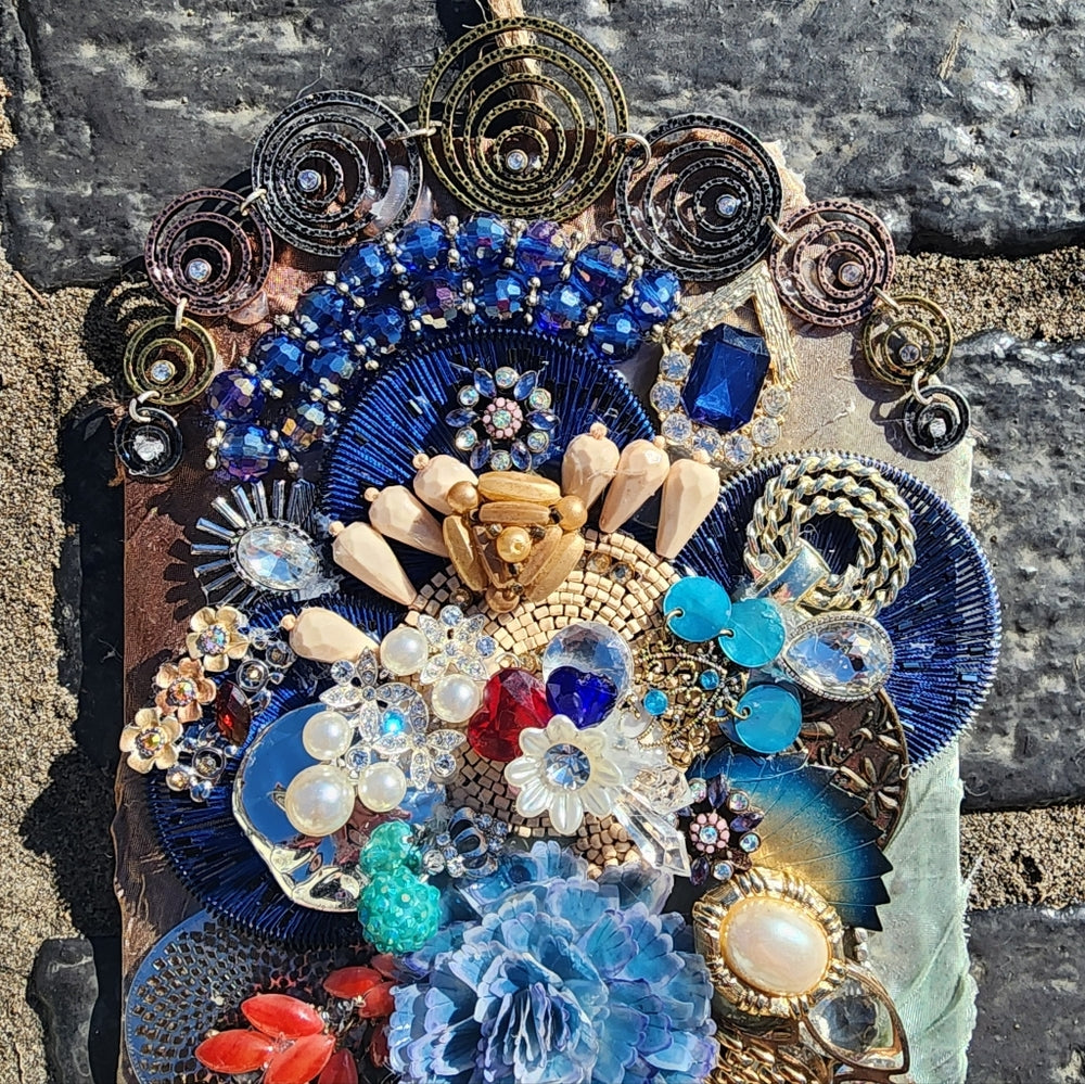 Handcrafted framed jewelry art floral flower handmade rhinestones mixed media
