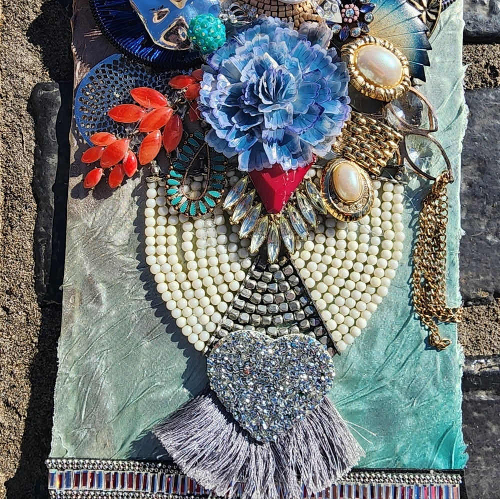Handcrafted framed jewelry art floral flower handmade rhinestones mixed media