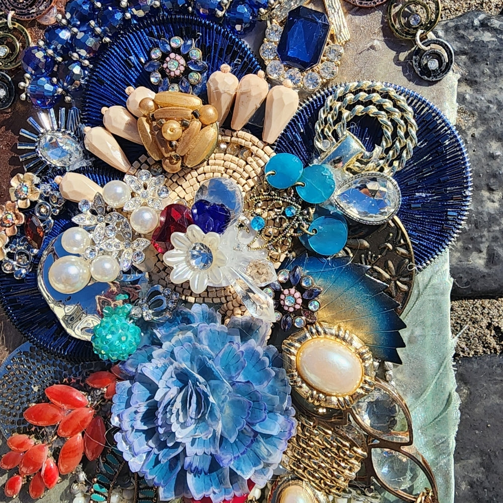 Handcrafted framed jewelry art floral flower handmade rhinestones mixed media