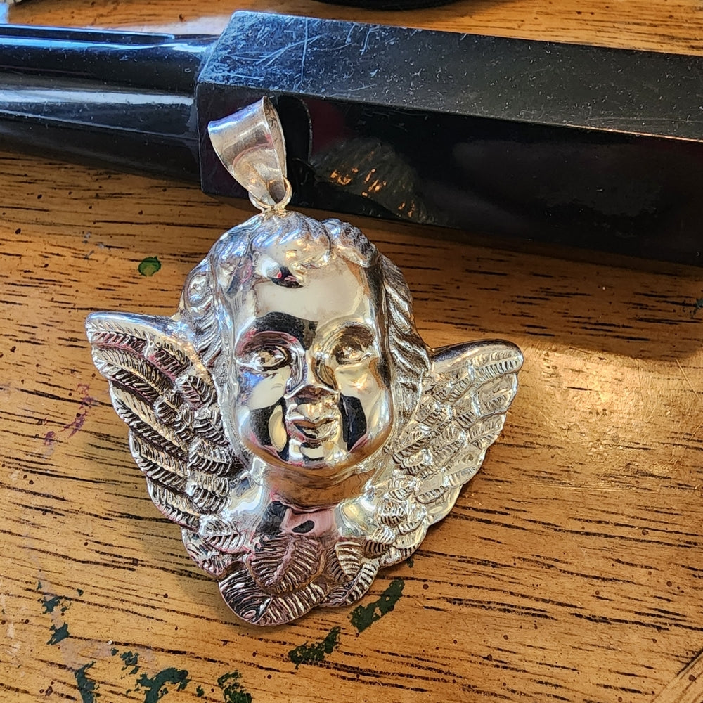 Puffy chunky 3D vintage Cupid Angel pendant sterling silver holloware