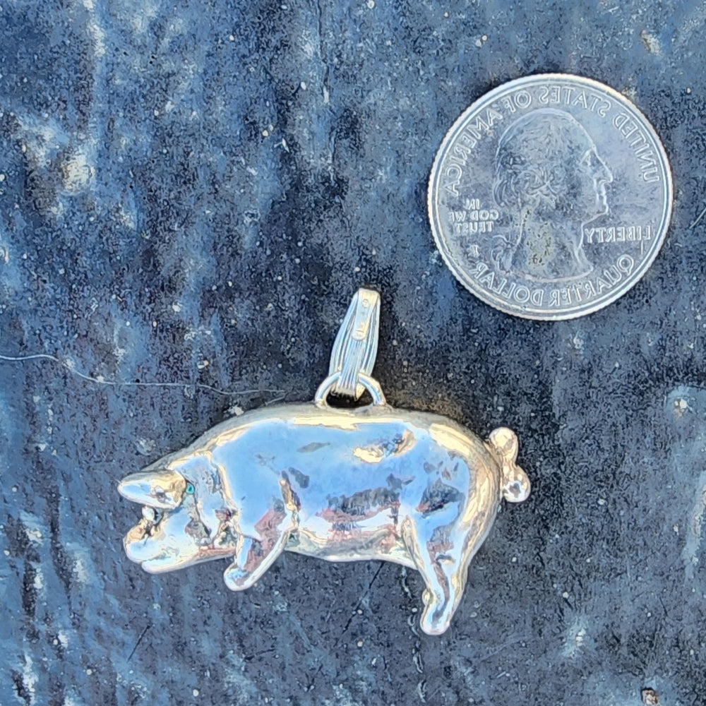 Little potbelly pig puffy 3D sterling silver pendant