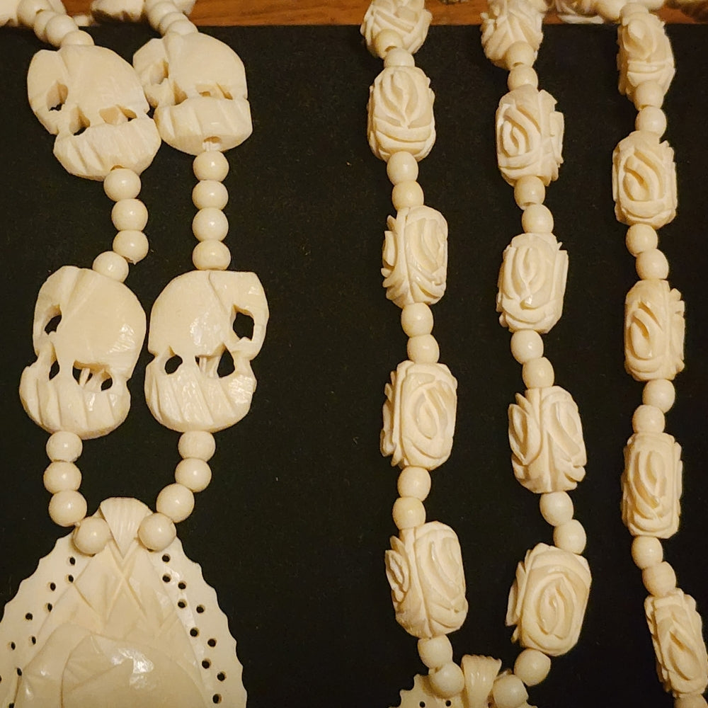Organic costume jewelry lot 2 carved necklaces elephant and scarab bone ?