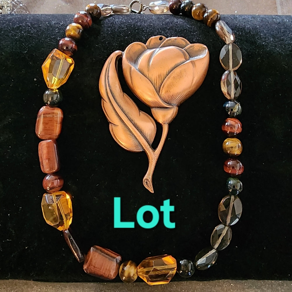 Two piece jewelry lot glass and tiger's eye necklace big copper flower pendant