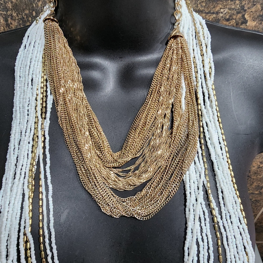 Jewelry fashion layered bib necklaces glass beads and gold tone chains lot of 2