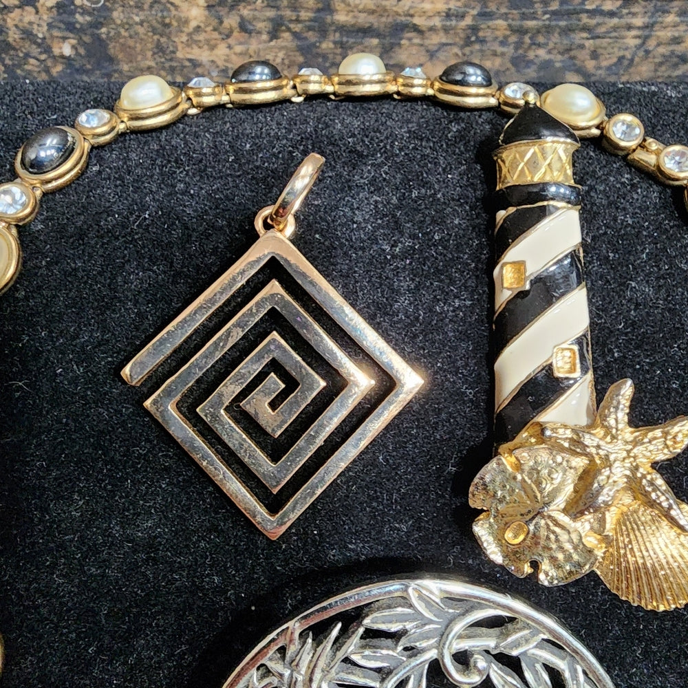 Lot of fashion costume jewelry lighthouse deer brooch Greek key pendant necklace