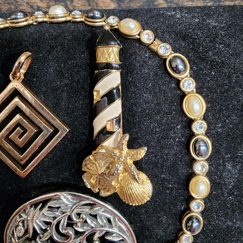 Lot of fashion costume jewelry lighthouse deer brooch Greek key pendant necklace