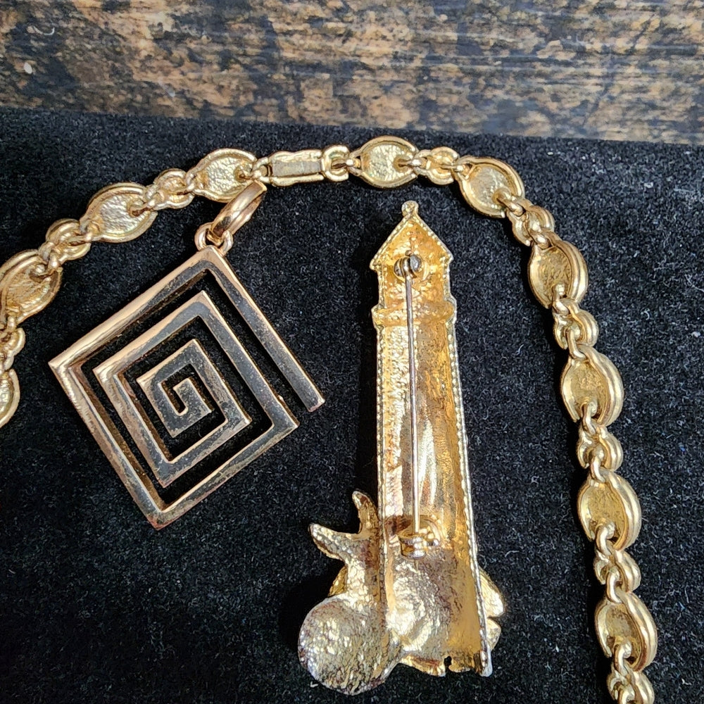 Lot of fashion costume jewelry lighthouse deer brooch Greek key pendant necklace