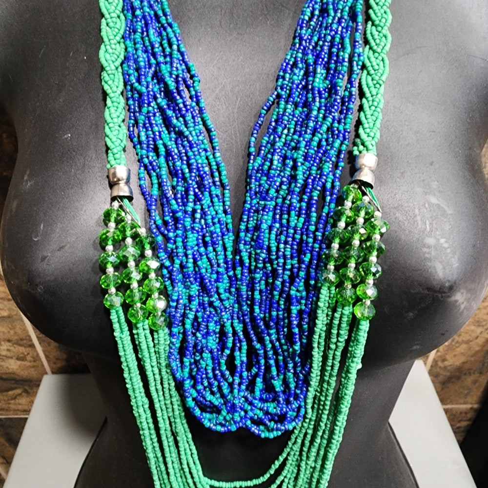 Fashion costume jewelry necklace lot Glass seed beads multi layered green blue