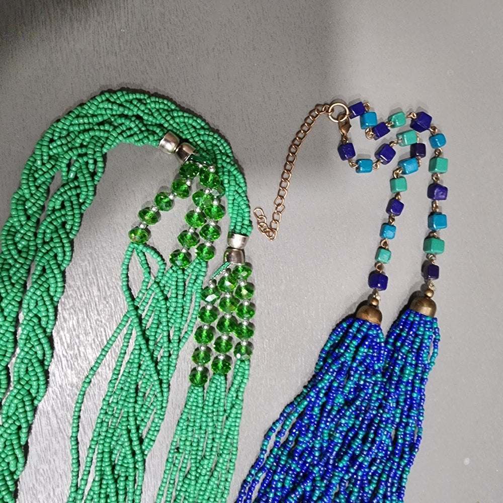 Fashion costume jewelry necklace lot Glass seed beads multi layered green blue