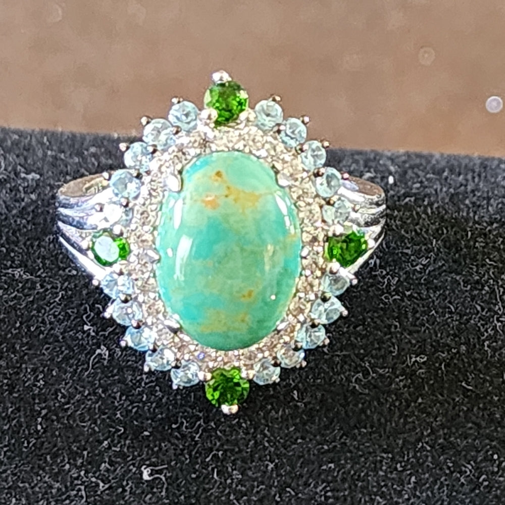 Sterling silver ring with turquoise diamonds blue & green stones size 10