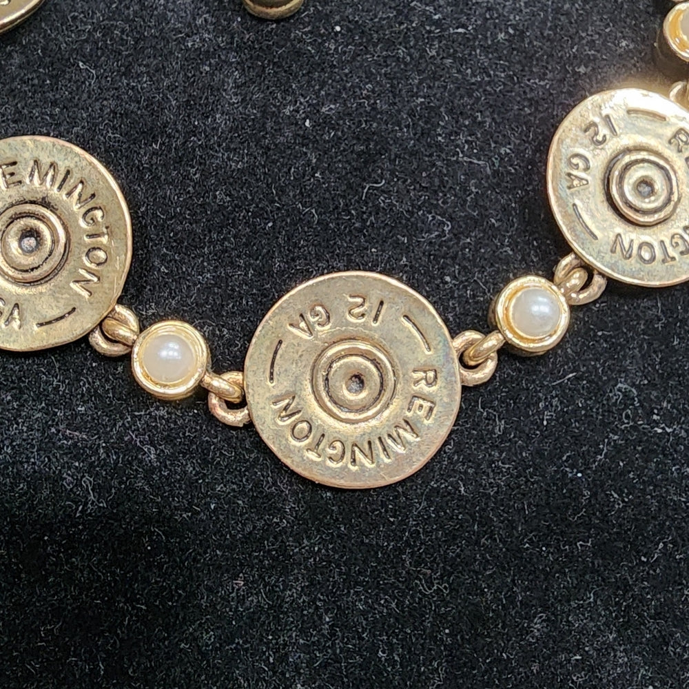Remington 12 gauge shotgun shot gun shell bracelet faux pearls designer LJ gold