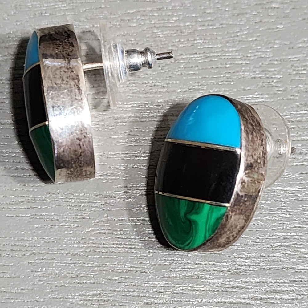 Vintage Mexican sterling silver inlay  Earrings  onyx turquoise malachite