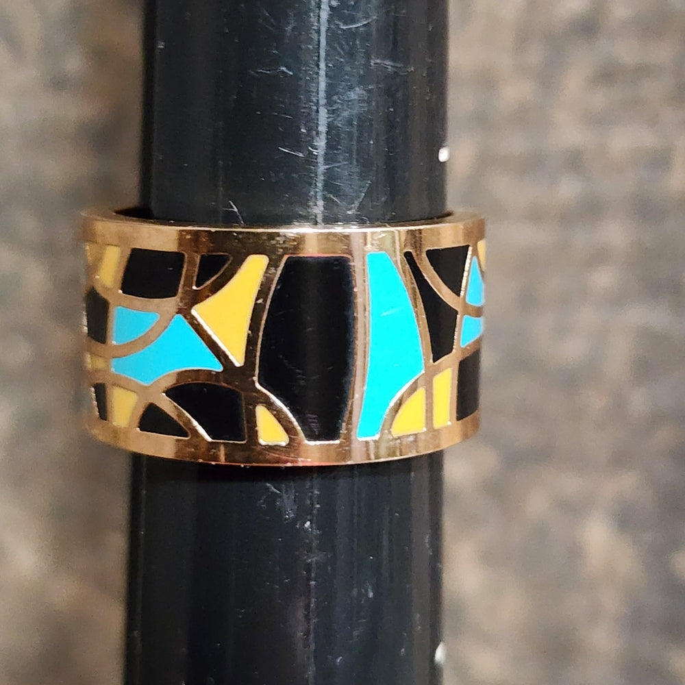 Bohemian 18k yellow gold plated Mid century modern enamelled ring size 9.5