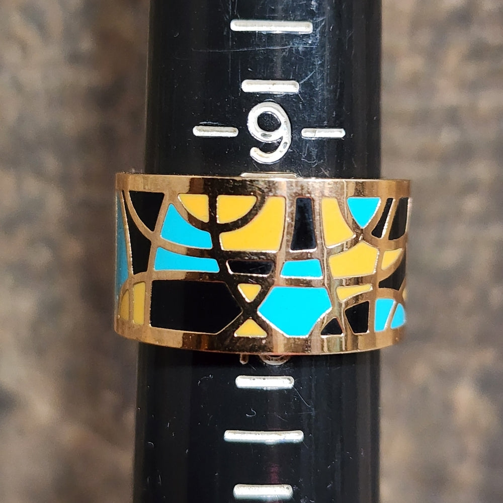 Bohemian 18k yellow gold plated Mid century modern enamelled ring size 9.5