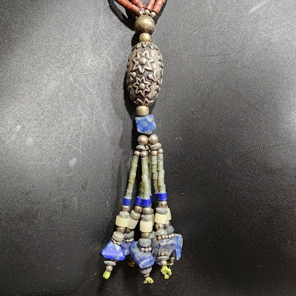 Lapis coral multi gemstone 3 strand southwestern dangle necklace