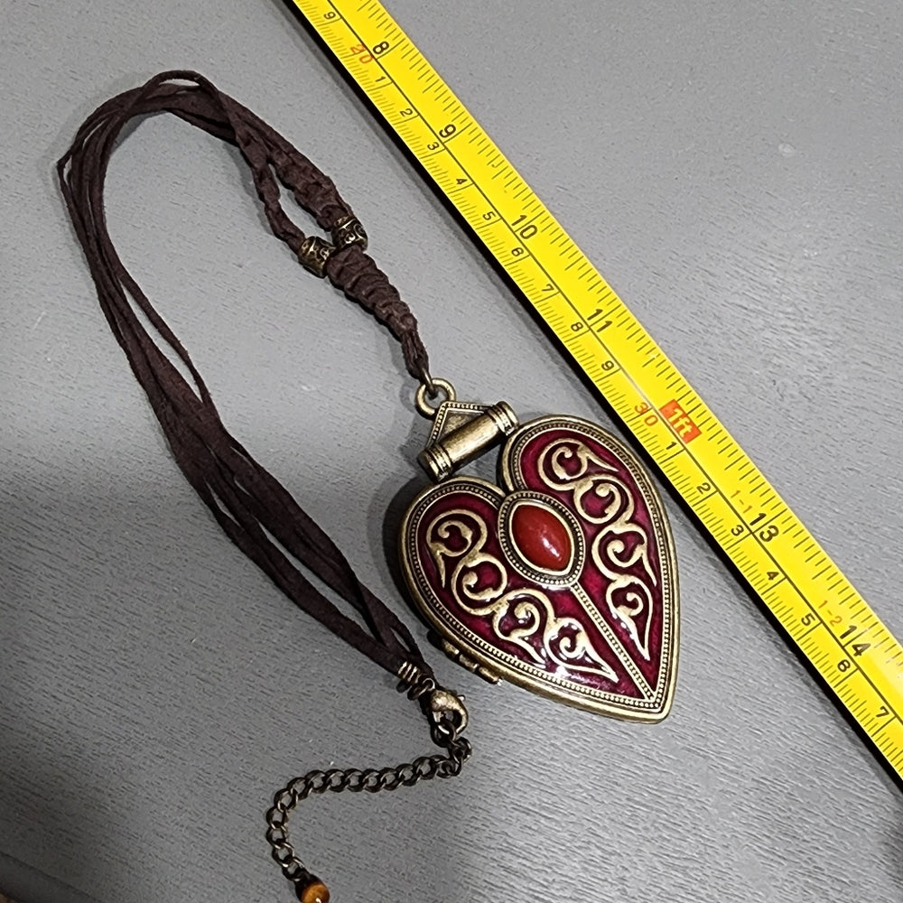 Huge red brass heart locket pendant necklace costume fashion jewelry