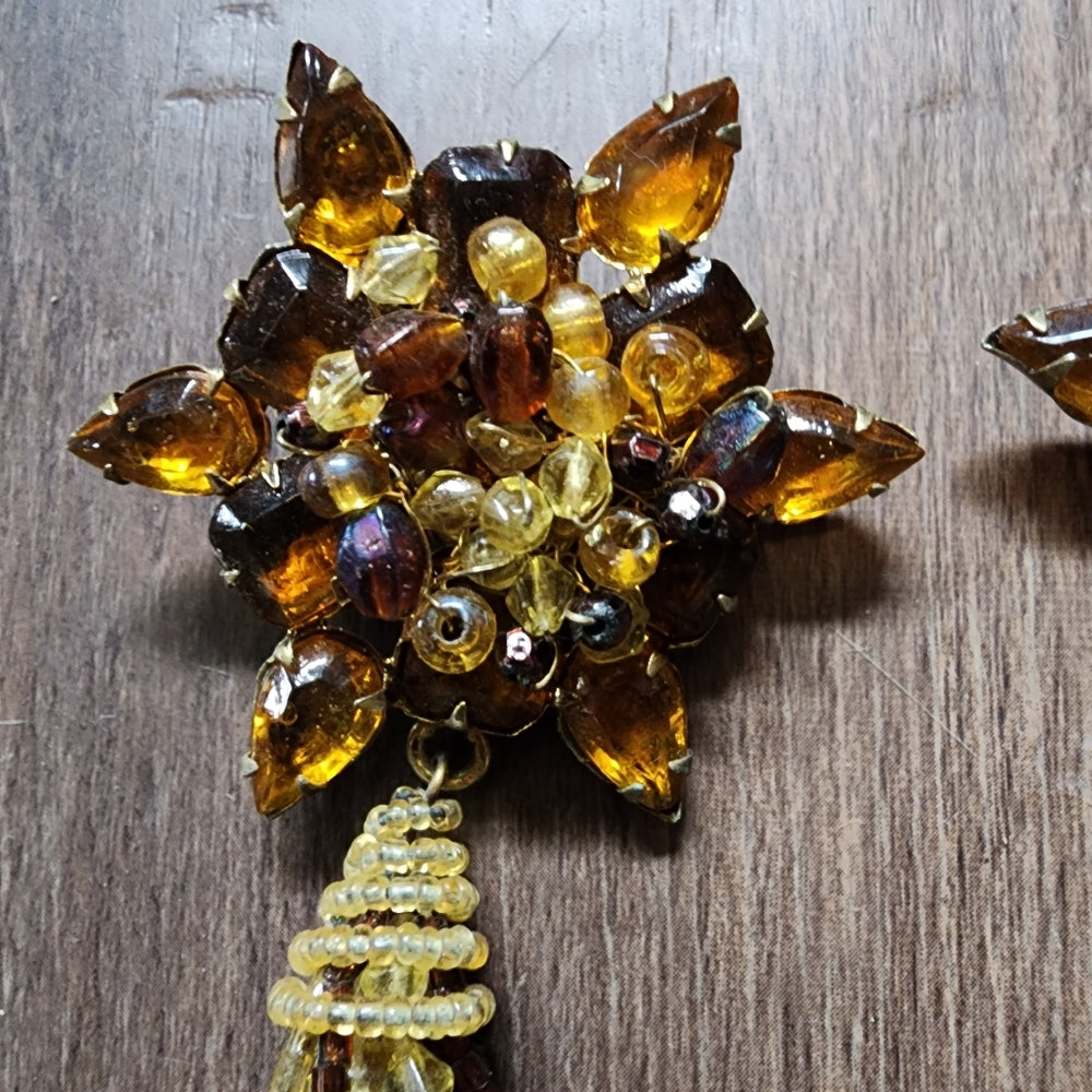 Bundle lot 2 vintage rhinestone tassel beaded brooch scarf pins topaz amber brow