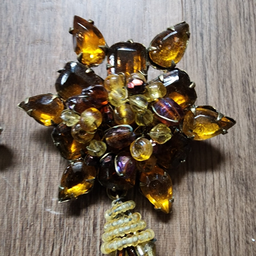 Bundle lot 2 vintage rhinestone tassel beaded brooch scarf pins topaz amber brow