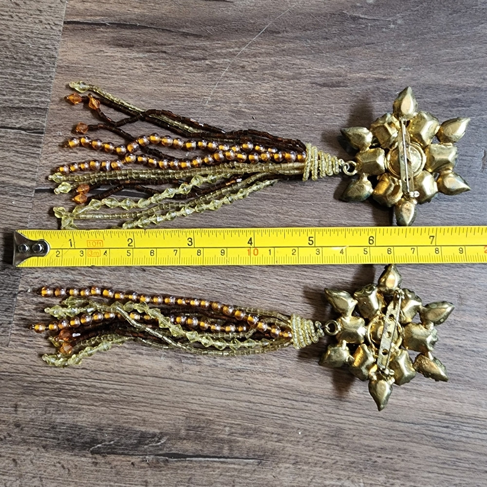 Bundle lot 2 vintage rhinestone tassel beaded brooch scarf pins topaz amber brow