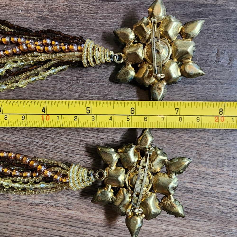 Bundle lot 2 vintage rhinestone tassel beaded brooch scarf pins topaz amber brow