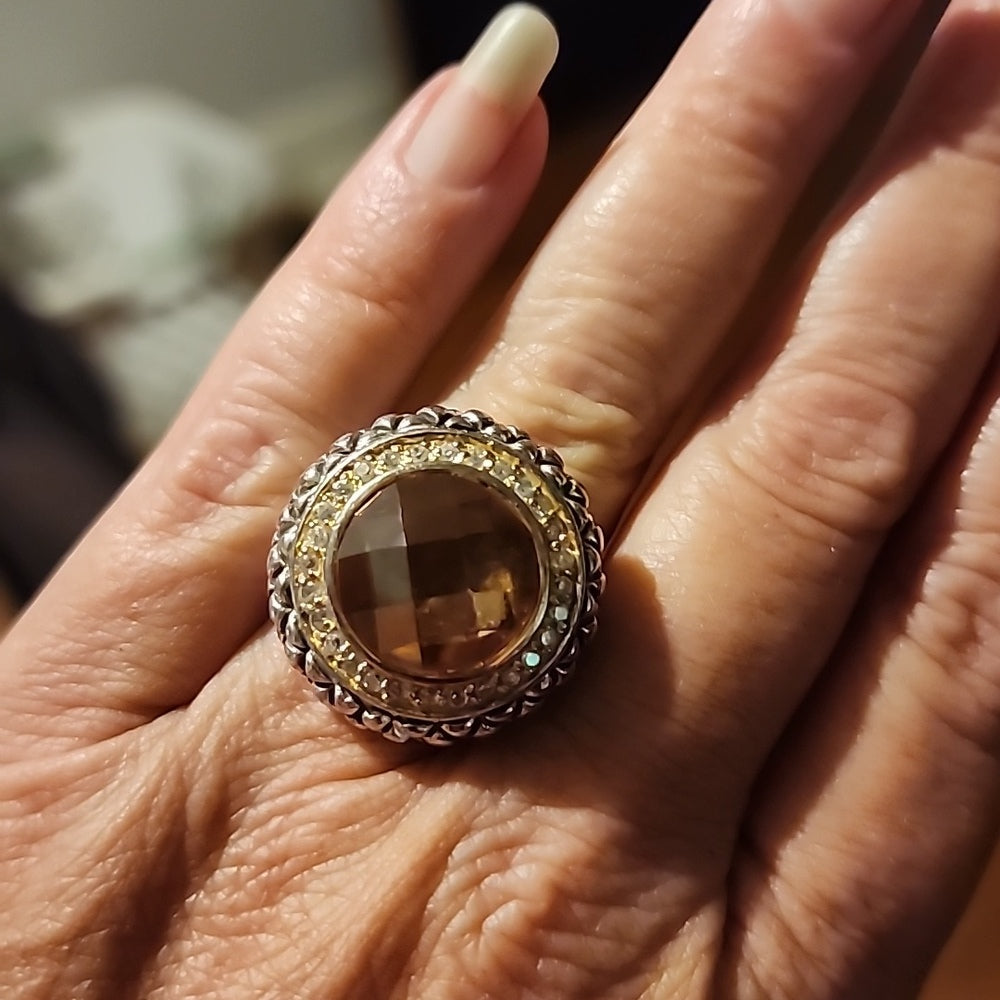 Sterling silver ring with Yellow Orange and diamonds Dome top size 6