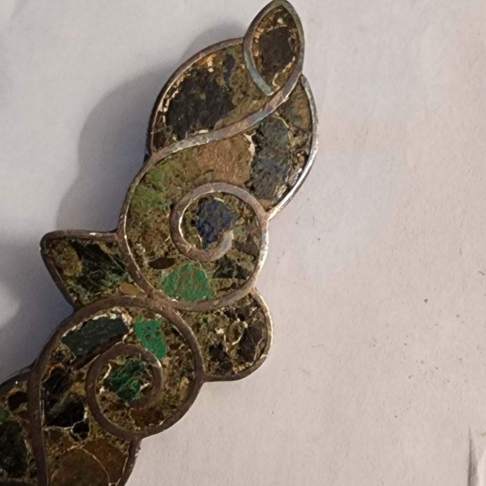 Vintage sterling silver Taxco crushed lapis turquoise brooch scarf pin jewelry