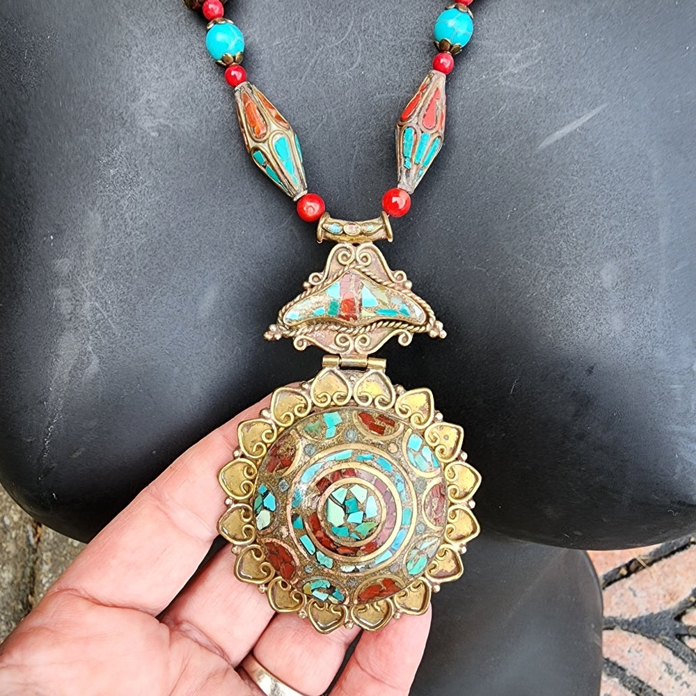 Tibetan crushed turquoise Coral Tibet statement necklace jewelry