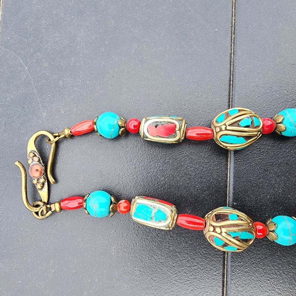 Tibetan crushed turquoise Coral Tibet statement necklace jewelry