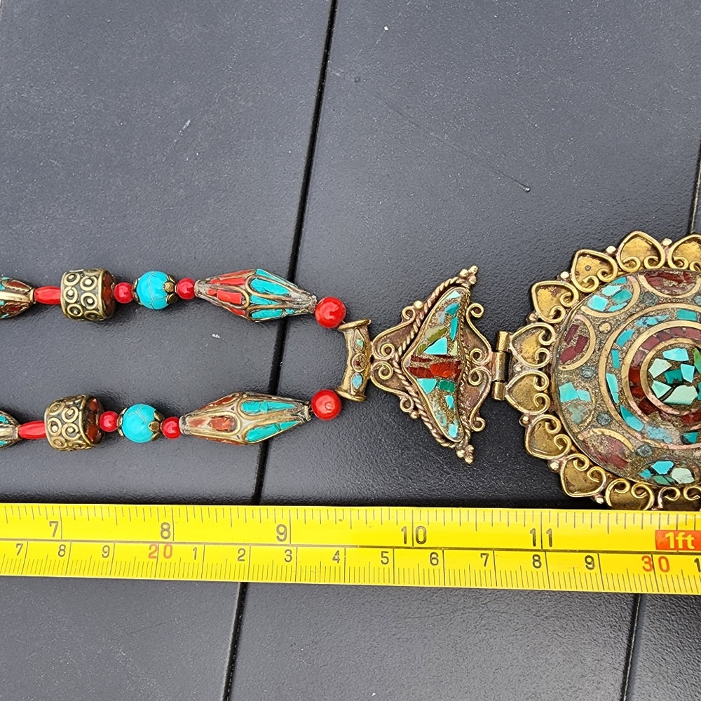 Tibetan crushed turquoise Coral Tibet statement necklace jewelry