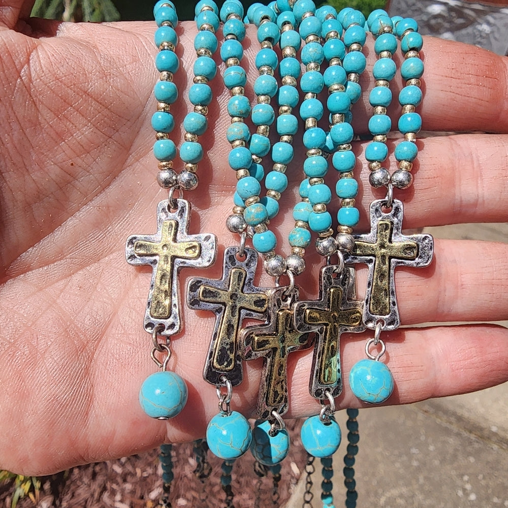 Bundle lot fashion costume jewelry 5 necklaces w cross pendant turquoise color