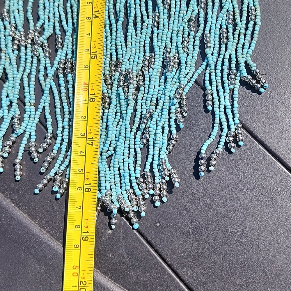 Fashion jewelry necklace silver tone turquoise blue bib multi strand beaded