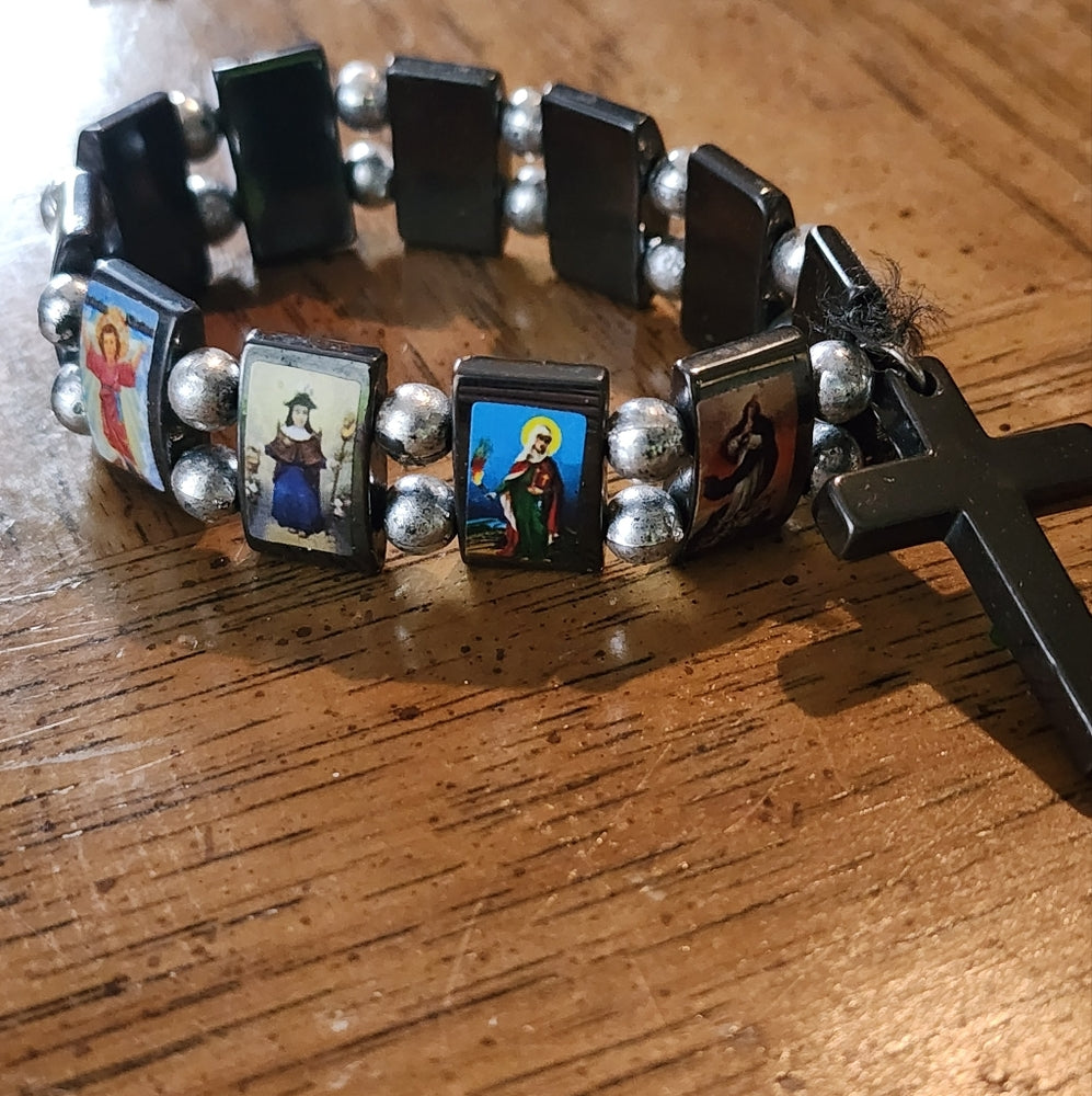 Religious picture hematite stretch bracelet mother Mary angle cross charm