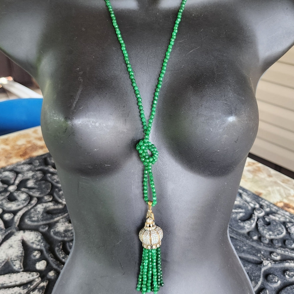 Emerald green rhinestone pendant tassel necklace jewelry
