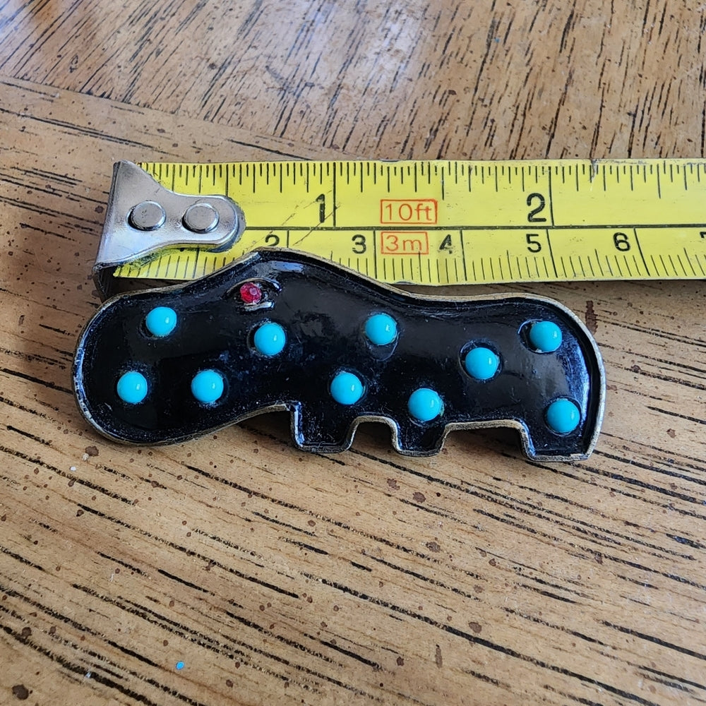 Turquoise color stones black enamel hippopotamus hippo brooch scarf pin jewelry