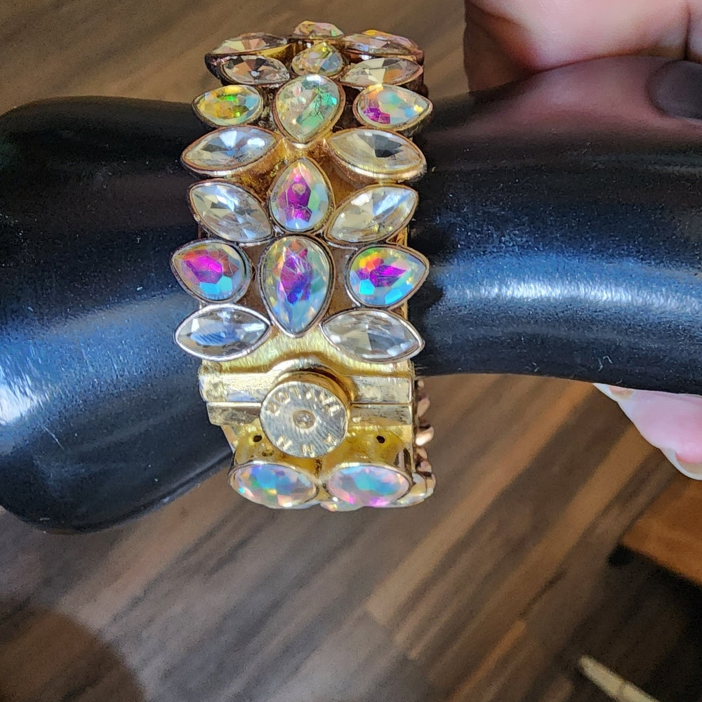 Ann Taylor Aurora borealis rhinestone gold tone Chunky Bangle bracelet designer