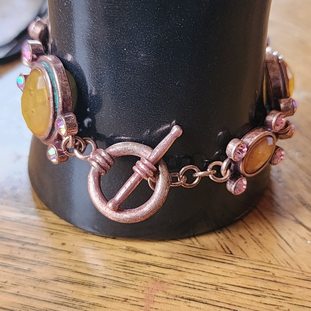 Pink copper Aurora borealis pink and yellow rhinestone link bracelet fashion