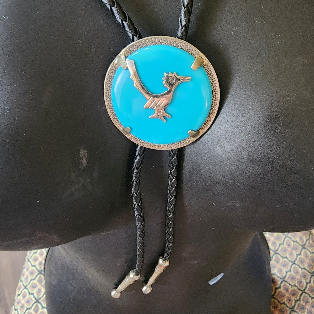 Southwestern taxco native American ? Bolo tie Signed nickel silver w hallmark