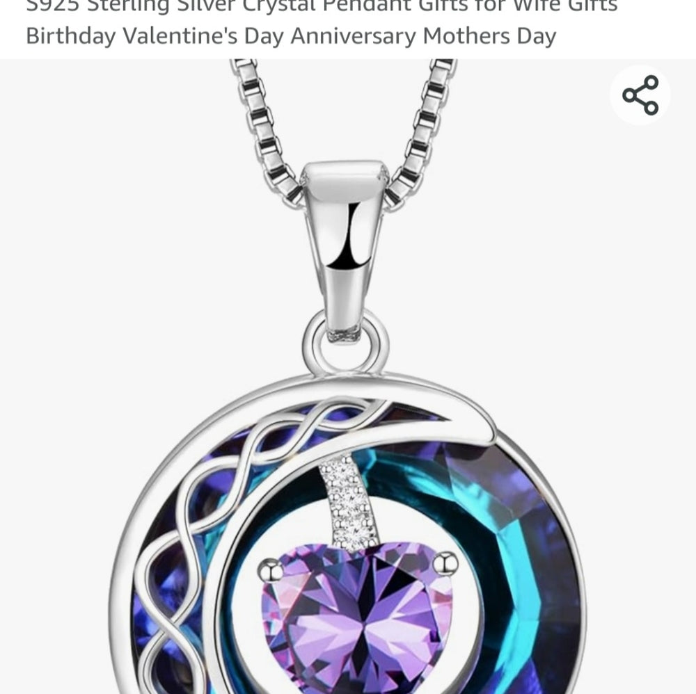 Sterling silver box chain necklace with amethyst heart and moon pendant jewelry