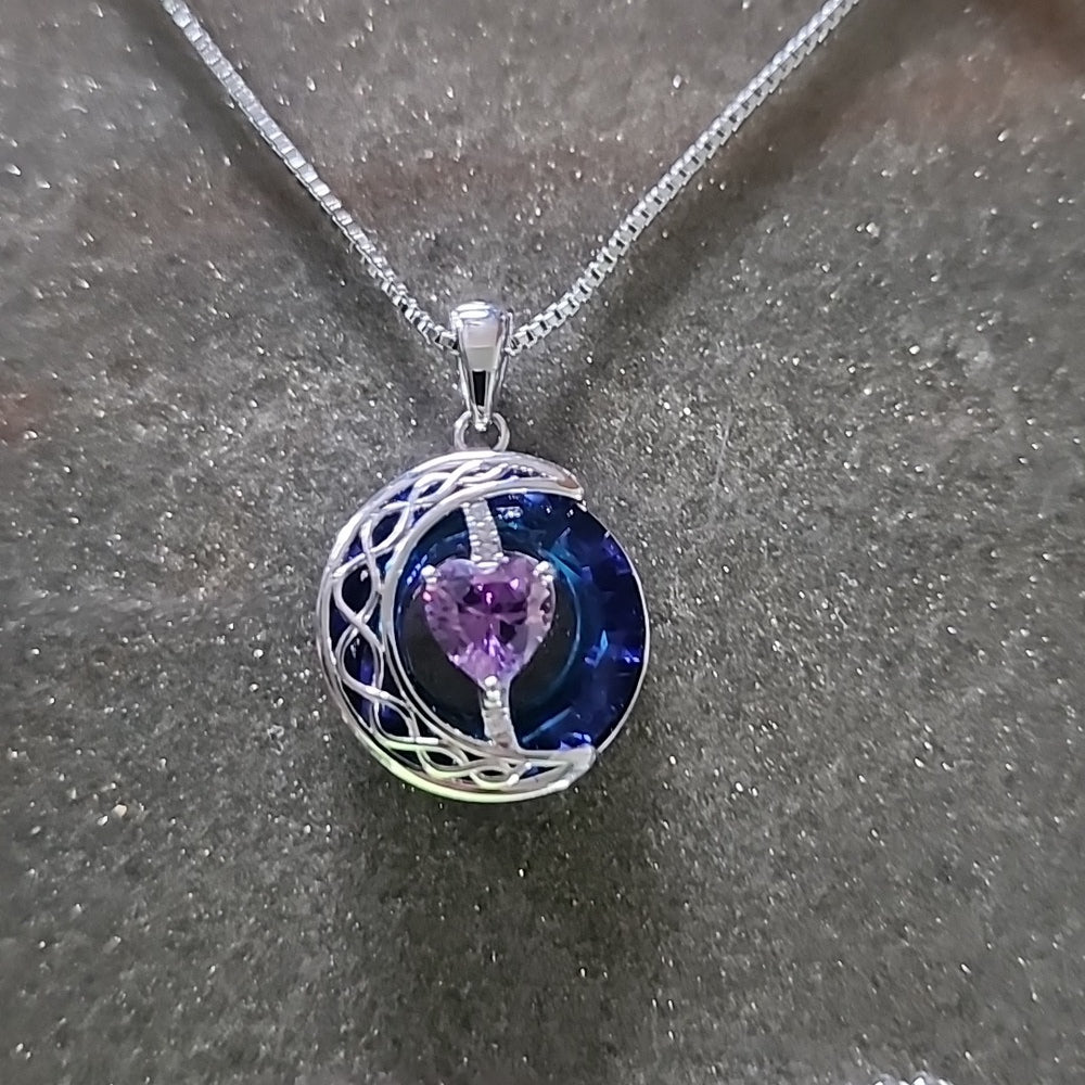Sterling silver box chain necklace with amethyst heart and moon pendant jewelry