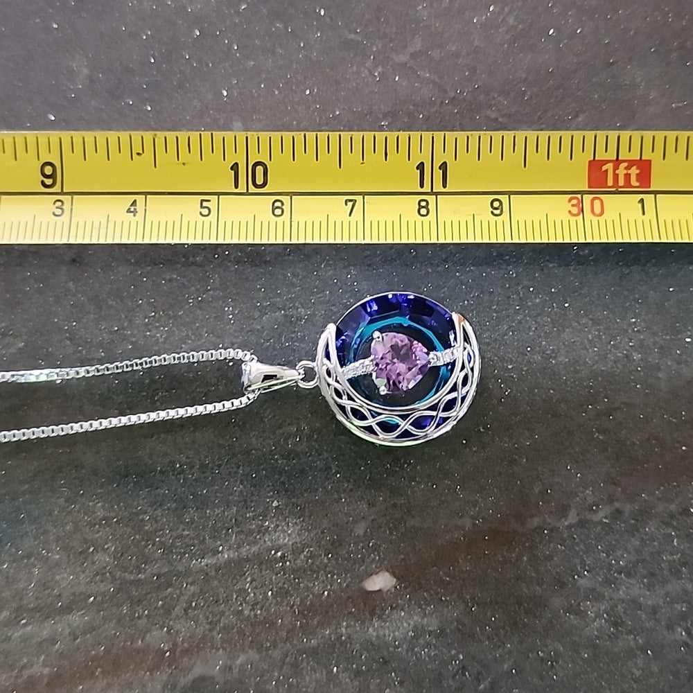Sterling silver box chain necklace with amethyst heart and moon pendant jewelry