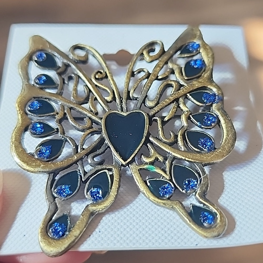 butterfly brooch scarf pin blue gold tone fashion costume jewelry