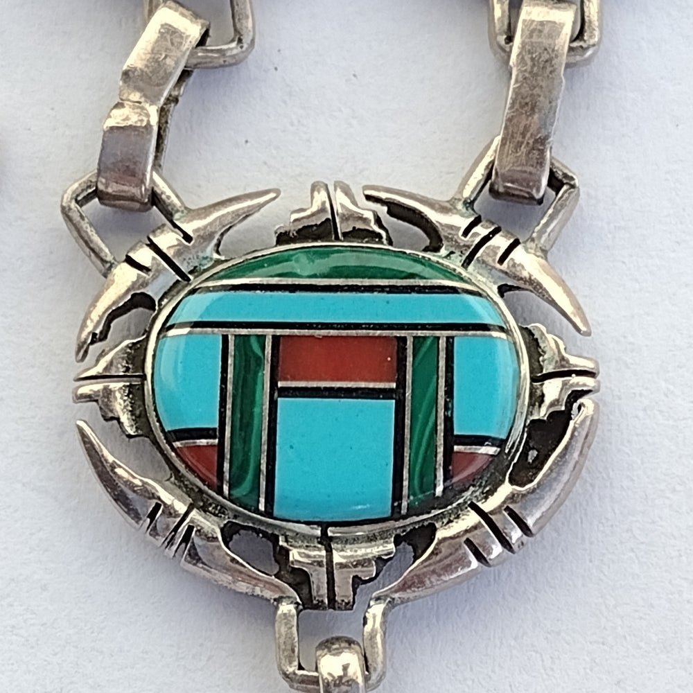 Sterling silver Native American inlay feather dangle necklace turquoise …