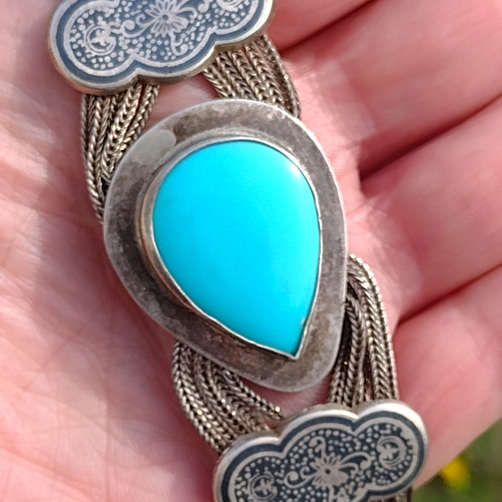 Antique sterling silver and turquoise bracelet 8"