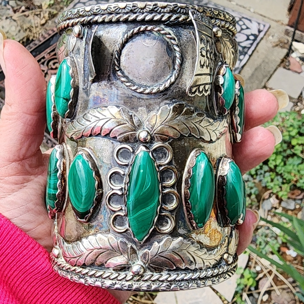 Native American Navajo Jerry Roan sterling silver malachite cuff bracele…