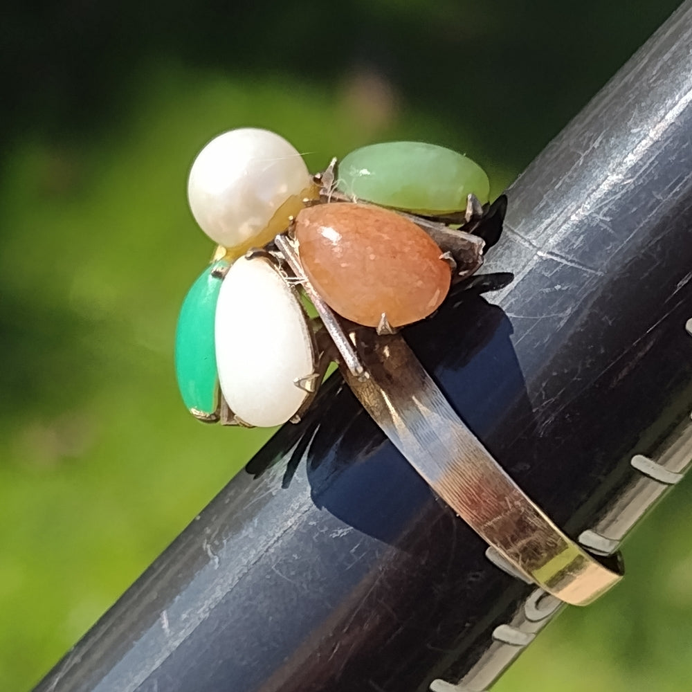 14 karat gold real pearl and multi gemstone ring size 8 14k  great investment